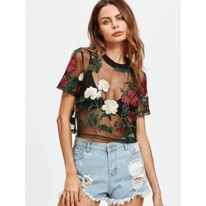 Flower Embroidered Mesh Top NWOT